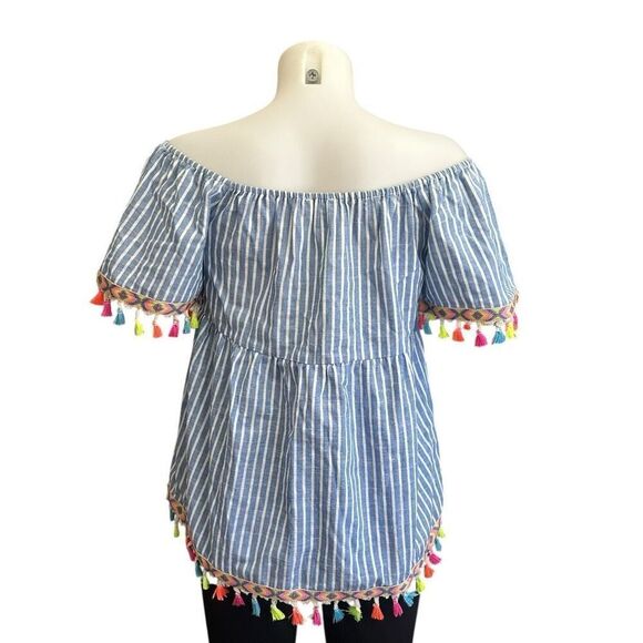 Entro Womens Blue White Striped Off Shoulder Tassel Preppy Hip Blouse Medium - Picture 6 of 9